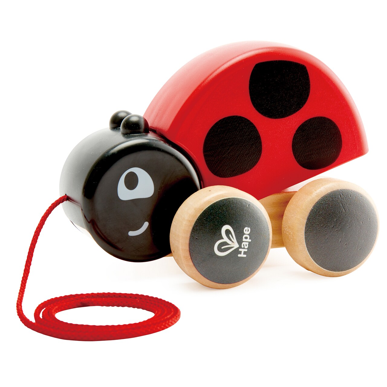 Hape: Pull Along Ladybug - Red & Black, Wooden Toy w/ Moving Wings, Rubber Rimmed Wheels, Push & String Take Along, Baby, Toddler & Kids Ages 1+
